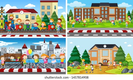Set of scenes in nature setting illustration