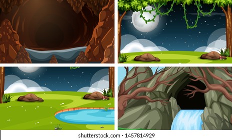 Set of scenes in nature setting illustration