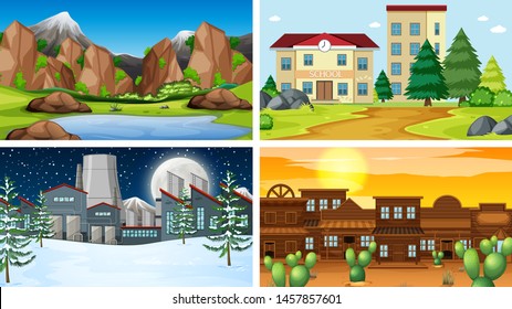 Set of scenes in nature setting illustration