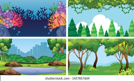 Set of scenes in nature setting illustration