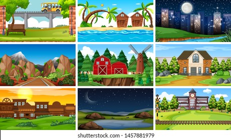 Set of scenes in nature setting illustration