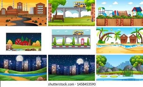Set of scenes in nature setting illustration