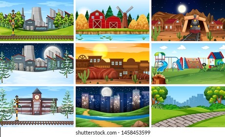 Set of scenes in nature setting illustration