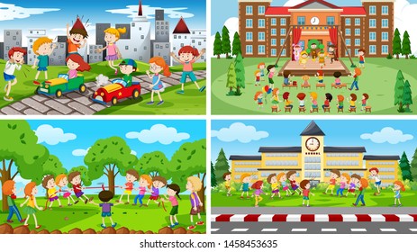 Set of scenes in nature setting illustration