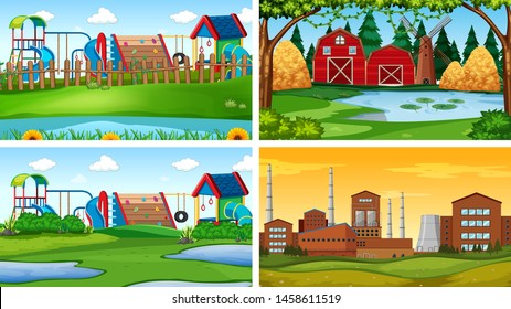 Conjunto de escenas en la ilustración de la configuración de la naturaleza