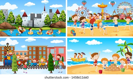 Set of scenes in nature setting illustration