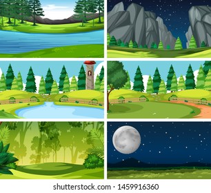 Set of scenes in nature setting illustration