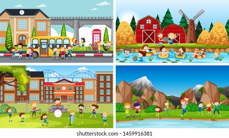 Set of scenes in nature setting illustration