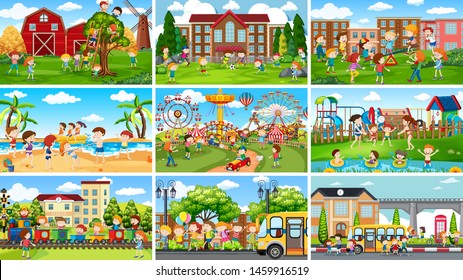 Set of scenes in nature setting illustration