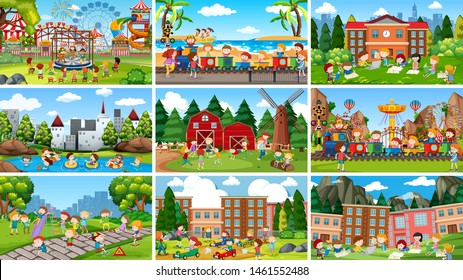 Set of scenes in nature setting illustration