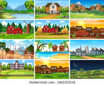 Set of scenes in nature setting illustration