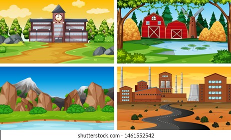 Set of scenes in nature setting illustration