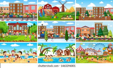 Set of scenes in nature setting illustration