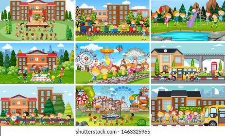 Set of scenes in nature setting illustration