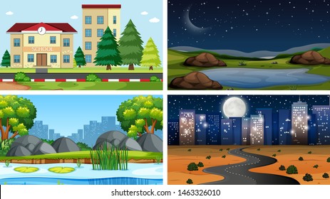 Conjunto de escenas en la ilustración de la configuración de la naturaleza