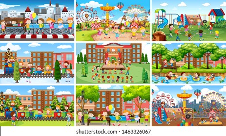 Set of scenes in nature setting illustration