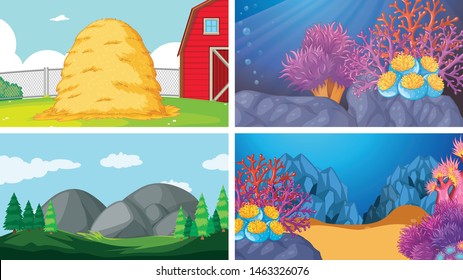 Set of scenes in nature setting illustration
