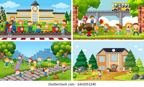 Conjunto de escenas en la ilustración de la configuración de la naturaleza