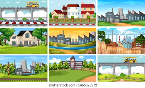 Set of scenes in nature setting illustration