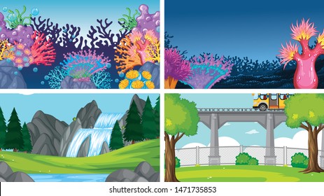 Set of scenes in nature setting illustration