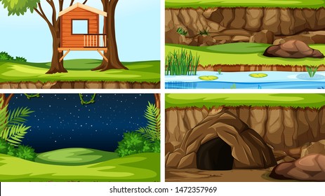Set of scenes in nature setting illustration