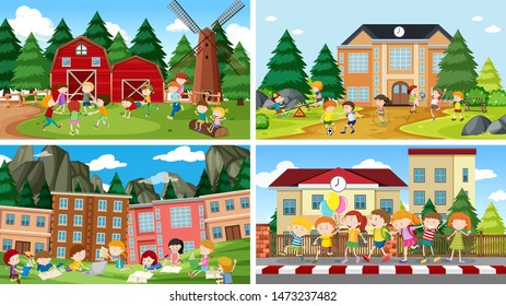 Set of scenes in nature setting illustration