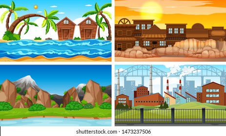 Set of scenes in nature setting illustration
