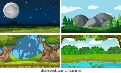 Set of scenes in nature setting illustration