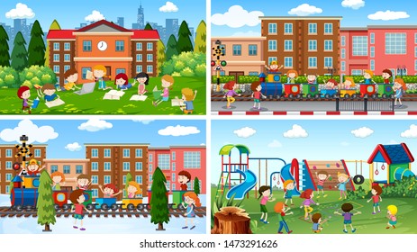 Set of scenes in nature setting illustration