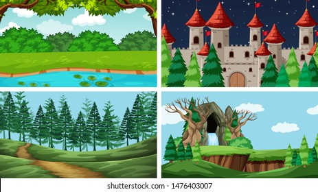 Set of scenes in nature setting illustration