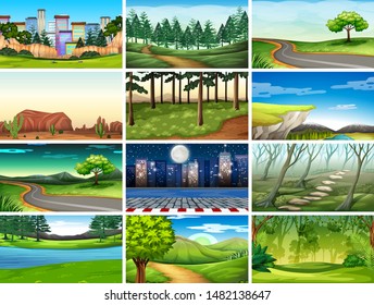 Set of scenes in nature setting illustration