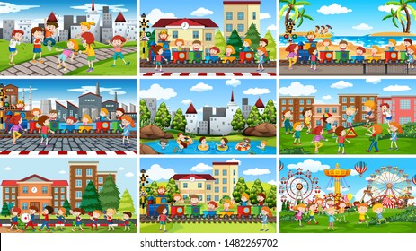 Set of scenes in nature setting illustration