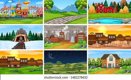 Set of scenes in nature setting illustration