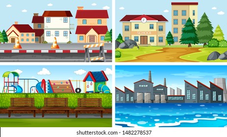 Conjunto de escenas en la ilustración de la configuración de la naturaleza