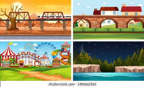 Set of scenes in nature setting illustration