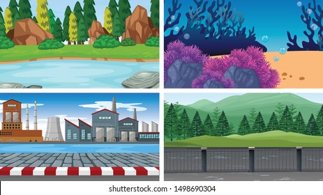 Set of scenes in nature setting illustration