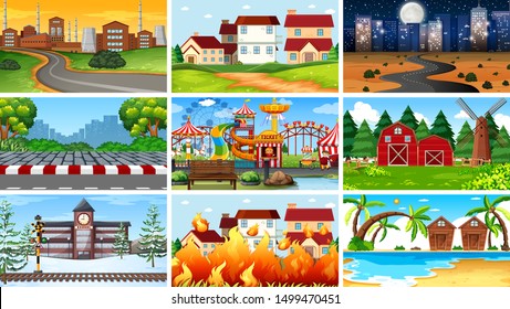 Set of scenes in nature setting illustration