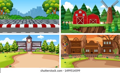 Set of scenes in nature setting illustration