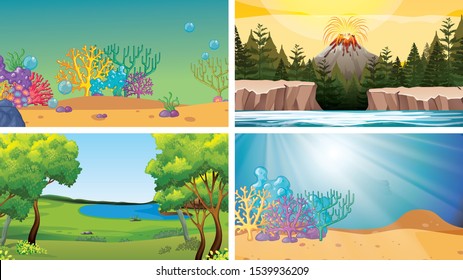 Conjunto de escenas en la ilustración de la configuración de la naturaleza