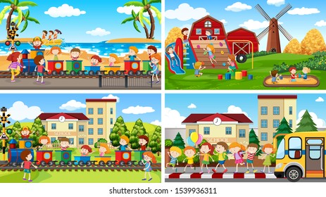 Set of scenes in nature setting illustration