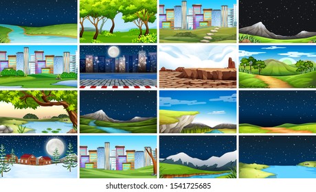 Set of scenes in nature setting illustration