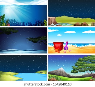 Set of scenes in nature setting illustration