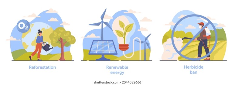 Set of scenes necessary for climate change deceleration on white background. Reforestation, renewable energy and herbicide ban. Concept of climate change mitigation. Flat cartoon vector illustration