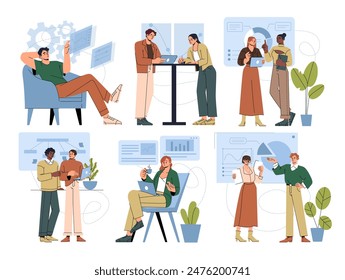 Set of scenes at office. People company employees engage in business activities, analyze finances and discuss growth strategies at meeting. Cartoon flat vector illustrations isolated on background