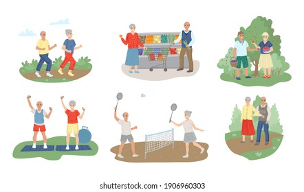 Set of scenes, old people activity,Lifestyle for elderly people, family life, spouses, retirement entertainment, sports and hobbies grandparents. Vector illustrations of characters in different poses.