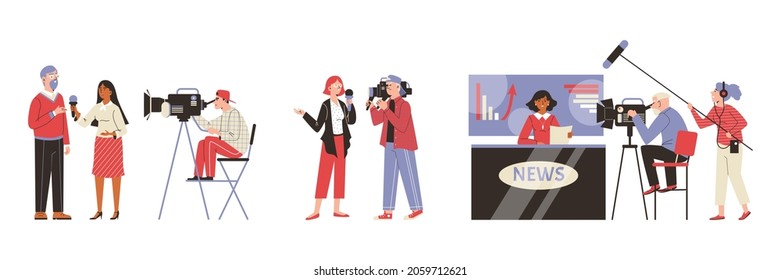 A set scenes on theme mass media - reporters taking interview, journalists, leading news at tv studio and persons with shooting equipment. Flat vector isolated illustrations.