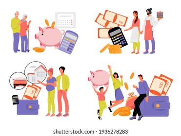 Set Of Scenes On Topic Of Family Expenses And Savings For Starting A Family Business, Retirement Savings. Family Budget Planning And Financial Stability, Flat Vector Illustration Isolated On White.