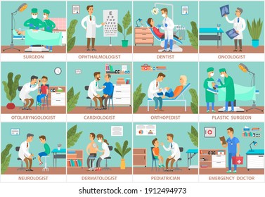 Set of scenes on the topic of study of symptoms and collection of patient data. Physician gives advice on caring for health of people. Doctor examines patient's condition, various medical specialties