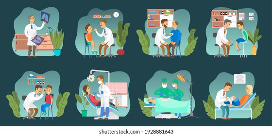 Set of scenes on the topic of study of symptoms and collection of patient data. Physician gives advice on caring for health of people. Doctor examines patient's condition using special equipment