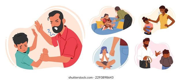 Set of Scenes with Parents Scold And Abuse Their Children. Domestic Violence Cause Emotional And Psychological Harm, Leading To Low Self-esteem, Anxiety, Long-term Trauma. Cartoon Vector Illustration